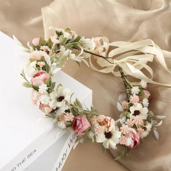 Dekorative Blumen Vintage künstlicher Kranz Boho Verstellbares Haarband Simulation Blumen Girlande Hochzeit Braut Blumenkrondekoration