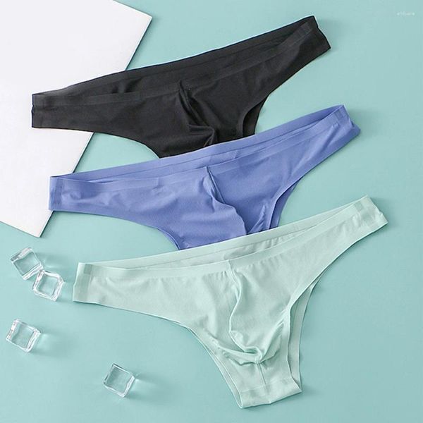 Underpants Men Brief di seta ghiacciata mutandine con schiera per saccheggiatura a bassa g-string a g-elasticità di elasticità lingerie solido respiro biancheria intima