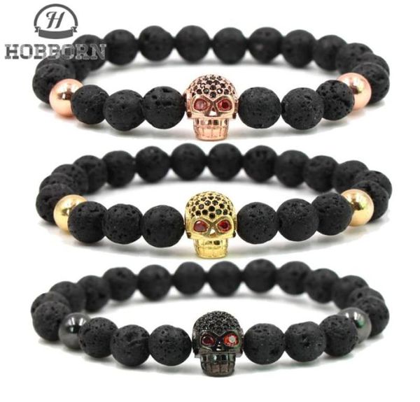 Hobborn Trendy Natural Lava Stone Bracelet Mulheres Homp Hop Rose Gold Silver Color Charm Cz Bracelets Skull Pulsera HOMBRE7008384