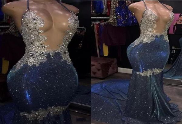2022 Sexy Sparkle Crystal Mermaid Feste Kleider echtes Bild Rückenfreie Abschlussballkleider Halfer formelles Partykleid Custom Made C04171163618