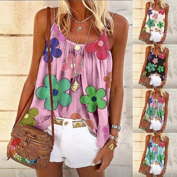 Camisoles Tanks Fashion Women Sexy Floral Print без рукавов O-образной жилет Camisole Blouses Tops Strappy Bare Midriff