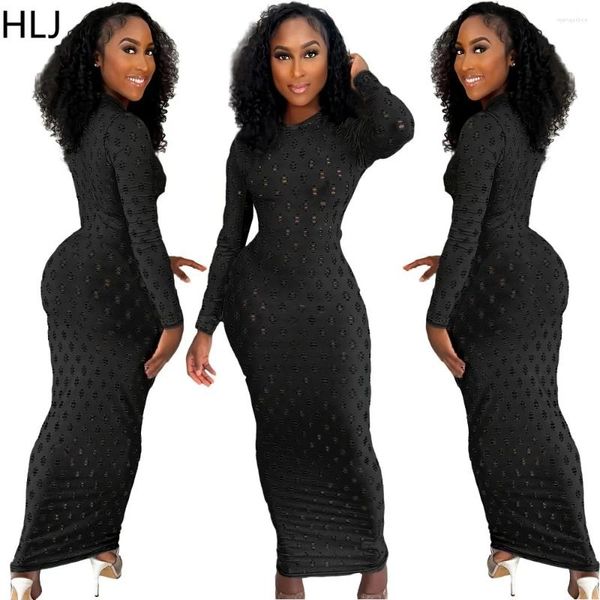 Abiti casual HLJ Black Black Solid Color Hole Hollow Out Bodycon Dress Donne Donne Tround Rotonda Mlassa lunga Slip Vestitidos Abbigliamento femmina