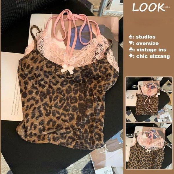 Frauen Tanks 2024 Sommer Lace Patchwork Y2K Crop Tops Weste Frauen Vintage Leopard Print Camisole Sexy Ärmel von Schulterbluse Chic