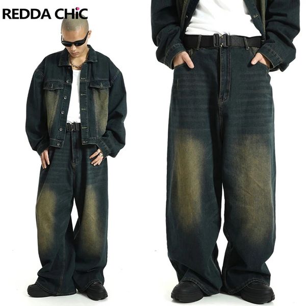 Reddachic Big Size Green Wash Men Skatista Baggy Jeans Ajusta Ajusta da faixa dos anos 90s Vintage Y2K Wide Pants Hip Hop Work Work Casual Wear 240426