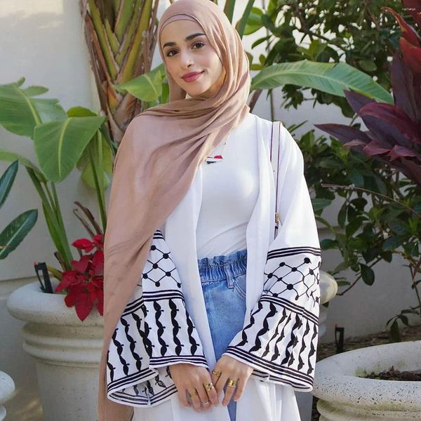 Etnik Giyim Beyaz Keffiyeh Nakışları Açık Abaya Kimono Müslüman Abayas Kadınlar İçin Dubai Lüks İslami Kaftan Başörtüsü Ramazan Eid