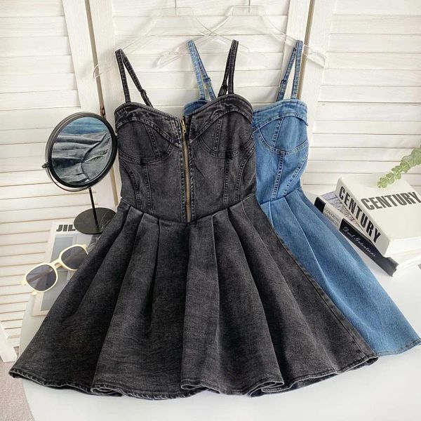 Vestidos casuais jeans de moda vintage para mulheres espaguete com correia de correia vestido magro magro de verão versátil fêmea vestidos