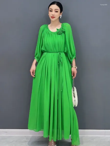 Повседневные платья Qing Mo Green 2024 Summer Loose Long Dlong Юбка Трехмерная цветы модные женские женские платье ZXY013