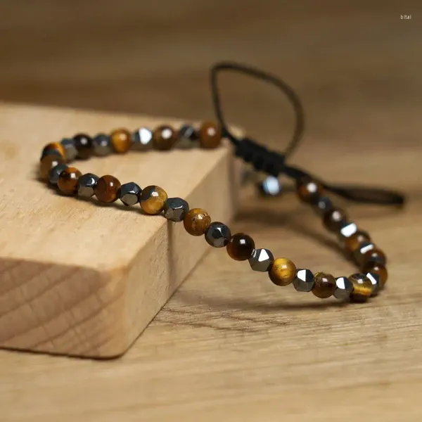 Strand 4mm Faced Tiger Eye Bracelet de alta qualidade Pedra de pedras preciosas de joias finas Hematita Ajusta para homens homens