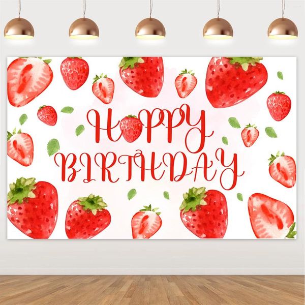 Decorazione per feste 1pcs Decorazioni di compleanno alla fragola includono sfondo felice per le forniture a tema dolce di bacche da ragazza