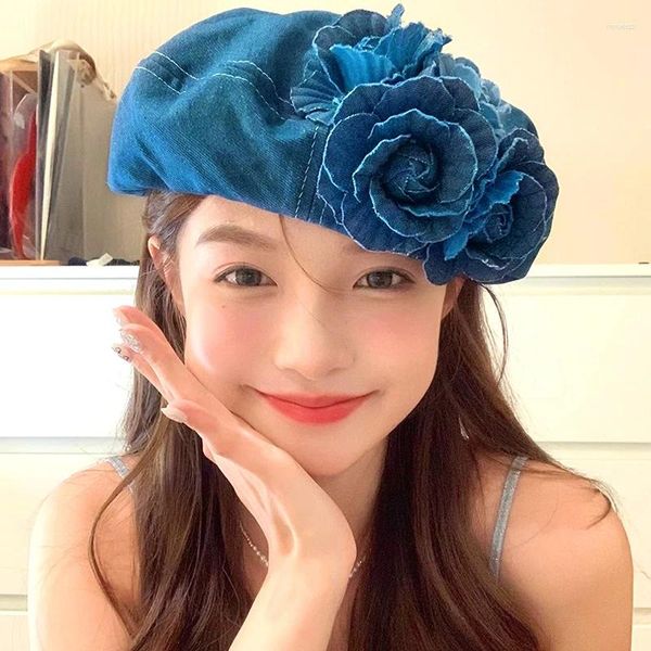 Berets Flower Cowboy Beret Spring осень ретро модная шляпа Женщины 2024 Корейская повседневная художница Элегантная литература Кэпс