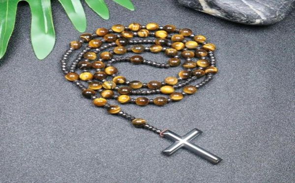 Colares de pingentes de colar de miçangas de tigre natural para homens homens Católicos Cristo Rosário Hematita Macho JewelryPing3018828