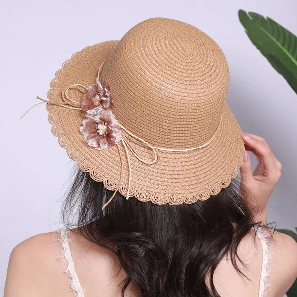 Cappelli larghi brim Summer Women's Paglie Cappello Mesh Flower Plerl Sunier Sun Bow Beach Beache