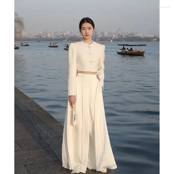 Kadınlar İki Parçalı Pantolon Lnsozkdg Est Moda Tasarımcı Takım Seti Kadınlar Çin tarzı Ulusal Rüzgar Bobin Toka Blazer Piled Pleased 2 PCS