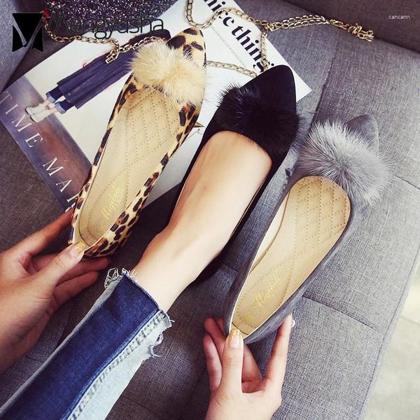 Sapatos casuais tamanho grande 42/43 Mulher Leopard Flats Fur Mink Hair Ladies Vestir Bolas de Ballerina de Baillerina de Baillerina