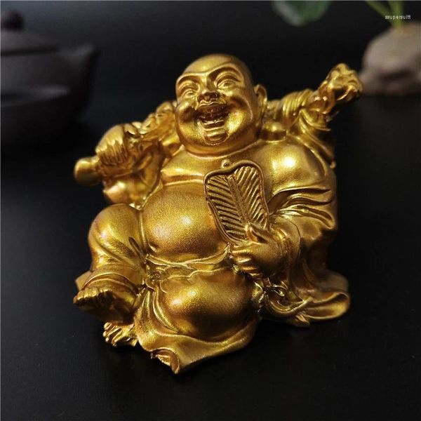 Dekorative Figuren Golden sitzende Maitreya Lachen Buddha Statue Skulpturen Ornamente Feng Shui Garden Home Dekoration Statuen