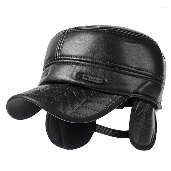 Берец Зимние плюшевые утолщенные теплые военные шляпы Pu Faux Leather Cap Plat Caps для мужчин Холоднопроницаемая шляпа для наушников гольф