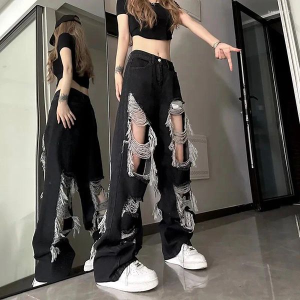 Frauen Jeans schwarz zerrissene Frauen Mode dunkle akademische Harajuku Y2K Unregelmäßige Hosen Amerikaner loser schick