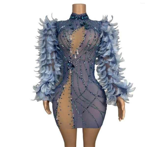 Stage Wear Luxury Blue Diamond Diamond Women Birthday Party Abiti formali Sexy Vedi attraverso ragazze nere di piume Abiti da ballo corti 2024