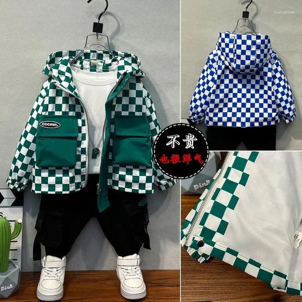 Jacken Kinderkleidung Baby Jungen Schachbrett mit Kapulett Zipper Jacke 2024 Frühling Herbst Boy Casual Clothes Windbreaker Plaid Top