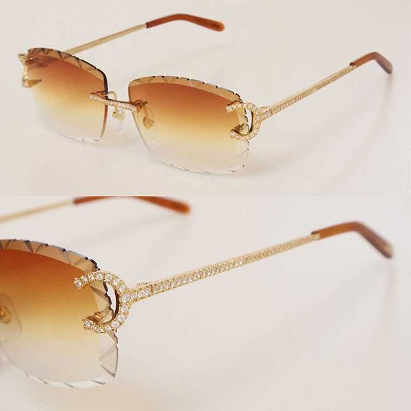 Óculos de sol sem aro moissanita de luxo Mulheres Man C Marda de arame de decoração para homens homens de óculos Lens de diamante cortado ao ar livre 60-18-140mm Novo gafas de sol pffy