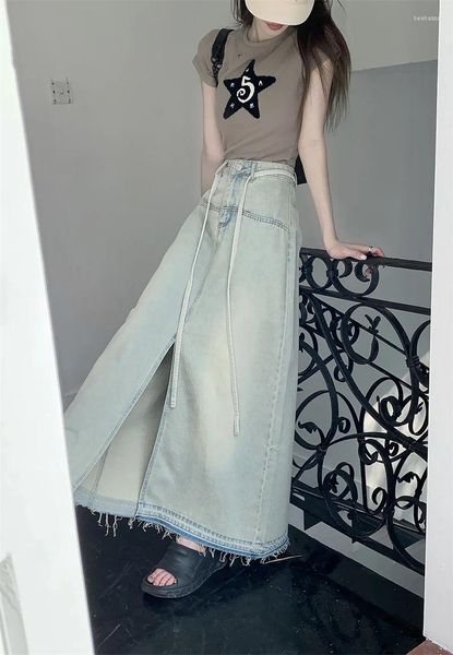 Frauen Jeans GP3253 Sommer Koreanische Version 2024 Hohe Taille Lose A-Line-Rock Denim Langes Kleid geteilte Pelzkante Hälfte