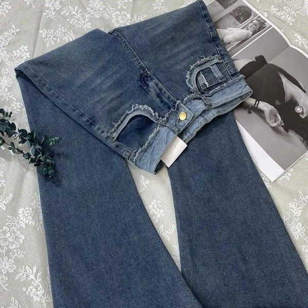 Женские джинсы с высокой талией с бахромой микро ребристые для женщин весна 2024 г. Твердые ретро -мех тренд для склона подковообразных брюк женские топы