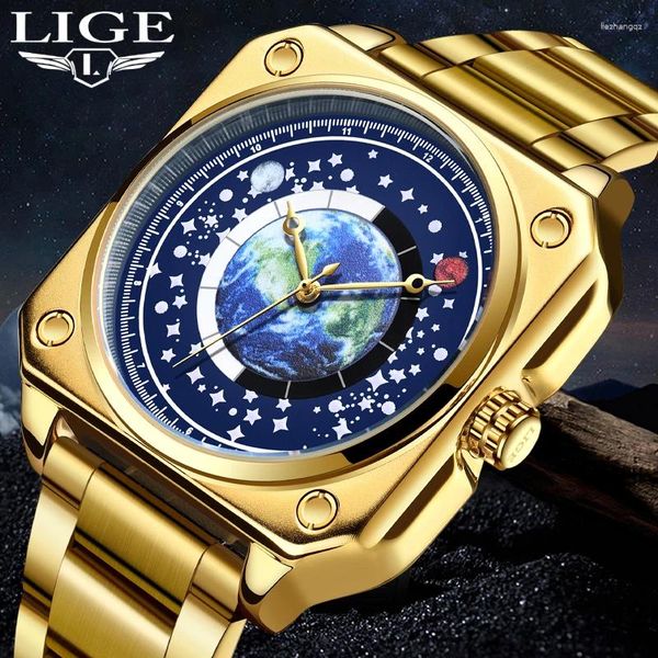 Armbanduhr Lige 2024 Gold Watch for Men Mode Military Quarz Chronograph Uhr sieht lässige wasserdichte Quadratmontre Homme Box.