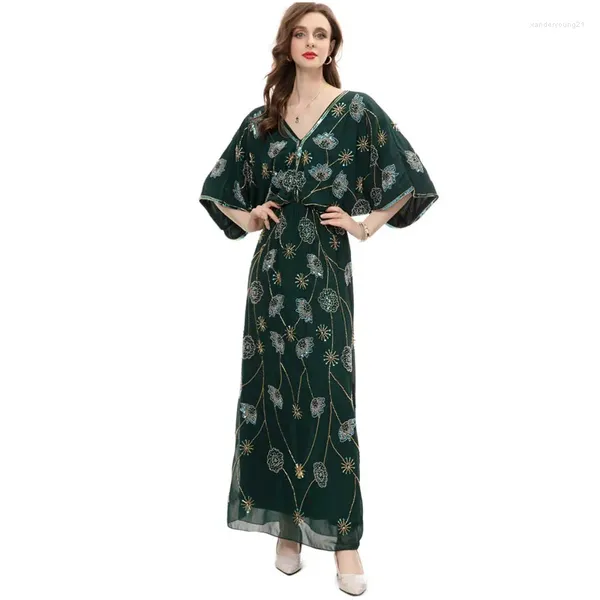 Vestidos de festa Roupa de primavera Mulheres 2024 Sexy V pescoço batwing manga elástica da cintura drapeada comprimento de piso lantejas de chiffon vestes elegantes