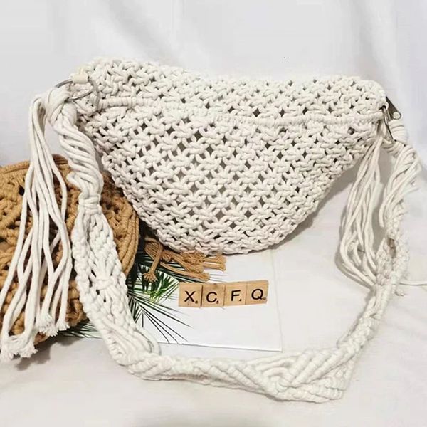 Bolsa de praia tecida à mão de Bohemia de verão com borlas de algodão Crochet Hollow Out