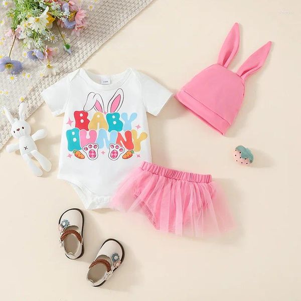 Kleidungssets geborene Baby Girl Ostern Shorts Kurzärmel Buchstaben Karottendruck Strampler Tüll Hut Sommerkleidung