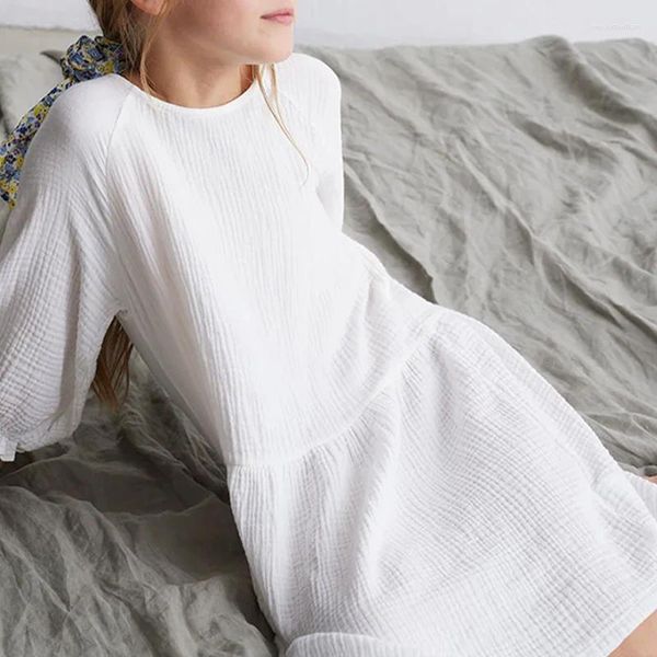 Девушка платья хлопковое платье A-Line в мягком 2024 году летняя детская круглая шея 3/4 рукава эластичные манжеты свободные белые