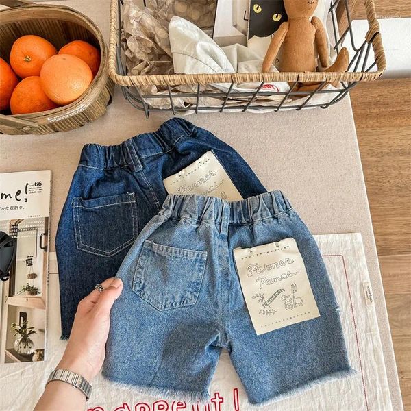 Shorts 2024 Summer Kids Keans Scepped Jeans Children Back Patch Pants Middle Pants Girls Denim Denim