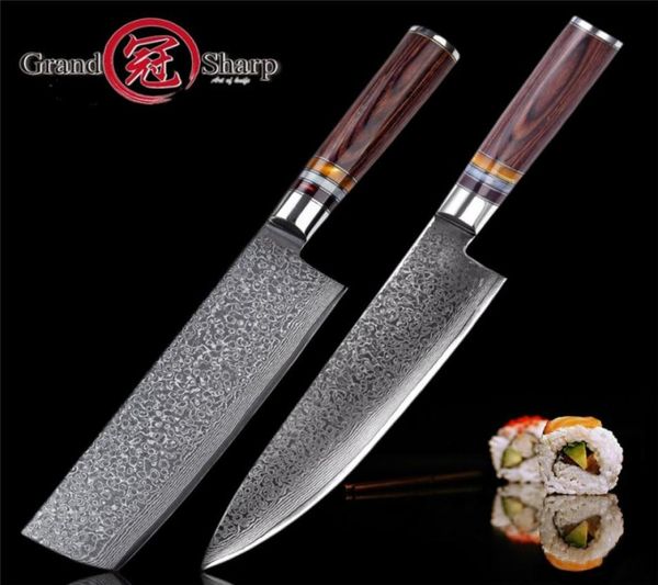 Grandsharp 2 PCS Şam Mutfak Bıçakları Setleri Japon VG10 Çelik Şef Nakiri Usuba Mutfak Bıçakları Sebzeler Sebze Cleaver Araçları G7433713