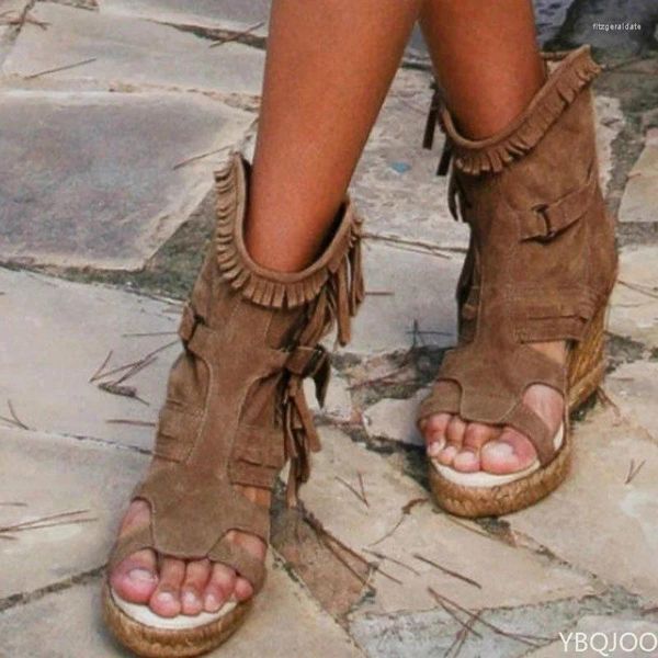 Stiefel Damen Sandalen Sommer 34-43 Plus Size Damenschuhe Plattform Keil Quaste Tassel geschlossener Zehenfischmund Mund