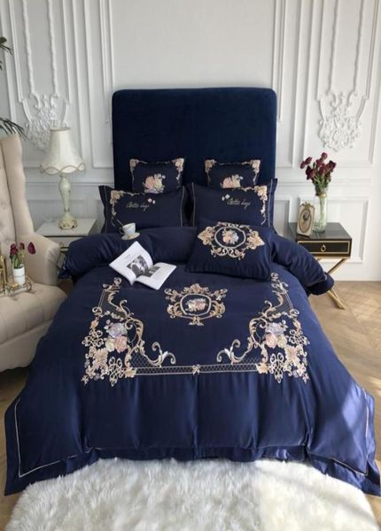 Royal Blue Elegant Stickerei 60s Satin gewaschene Seidenbettwäsche Set Baumwoll Bettdecke Bedeckung Bett Leinen ausgestattet Blechkissenbezüge Bettwinkel B9197636