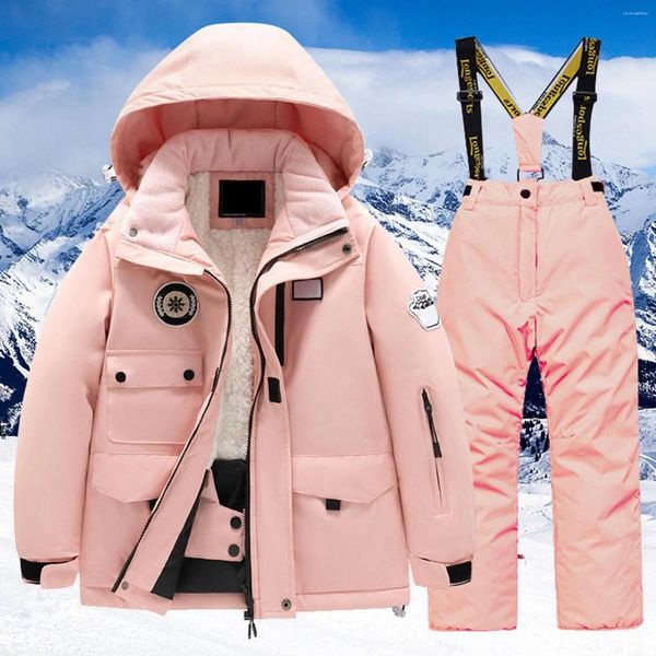 Kleidungssets Teenager Kleidung für Mädchen Fall Kinder Skiganzug Fleece Multi -Taschen- und Hosen Winterwindewindbrof Snowboarden warmer Schnee