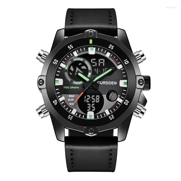 Avanadores de pulso Men Big Brand Curdden Chronógrafo Relógios Fashion Leather Band Dual Time Time Multifunction Sports Digital Watch Black Montre Homme