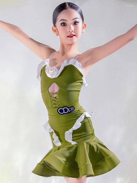 Vestido de dança latina verde para garotas Princess Summer Flower Flower Pacas Rousing Rumba Cha Competition 12463