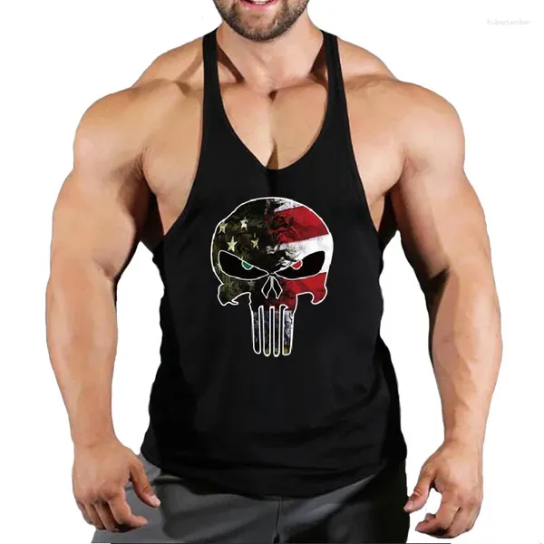 Tampo masculino Tops Skull Roupa forte Roupa de impressão Fisiculturista Ginásio de algodão Men mangas com fitness Stringer Muscle Stringer Muscle Workout Colet