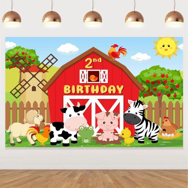 Fazenda de festas Fazenda Red Barn Cenário para crianças Animais de desenho animado 2º Aniversário Banner Banner PoBooth Deco