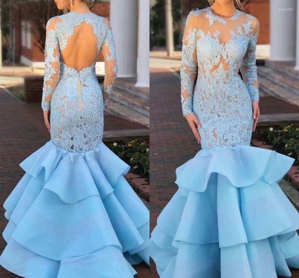 Partykleider elegante Langarm Himmelblaue Abendkleider 2024 Meerjungfrau Rüschen Spitzen -Abschlussball Kleid Arabische Dubai Customed Vestidos de Feast