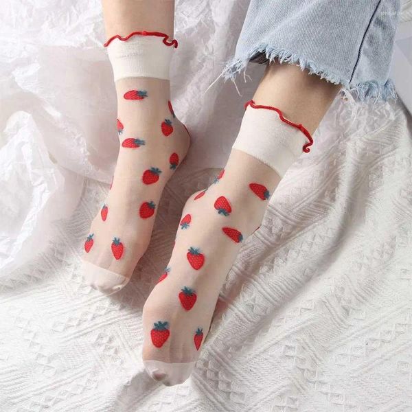 Frauen Socken Sommer transparent mittelkalisch modische Erdbeerfarbe Lace Lace Damen Japaner süßer atmungsaktiver College-Stil