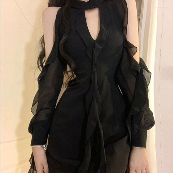 Abiti casual Houzhou Black Sexy Chiffon Abito monopezzo Donne Elegante volant Mina Mini Fairycore Sweet Luxury BodyCon Chic Style coreano coreano