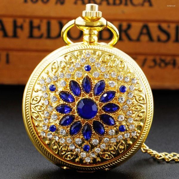 Pocket Watches Gold Multi Diamond Feminino Feminino Vintage Fashion Ladies Pingente Quartz FOB Presente Com Cadeia