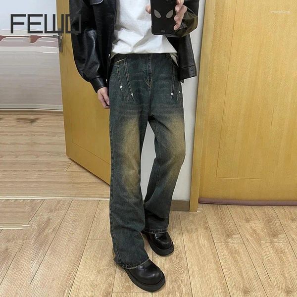 Herren Jeans Fewsq Nischendesign Männliche Mode High Street Nietgivet Wide Leghose Vintage Reißverschluss Männer schlanke Hosen 2024 Spring 24x4148