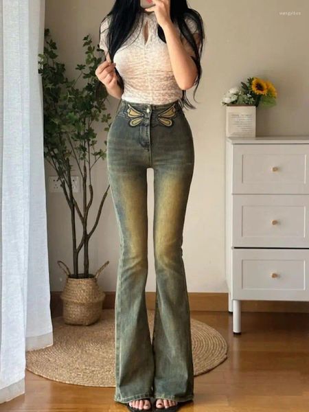 Jeans femminile retrò donna lavata da donna ricamato a farfalla denim y2k high street slim coace abbigliamento elastico pantaloni di sollevamento dell'anca elastico