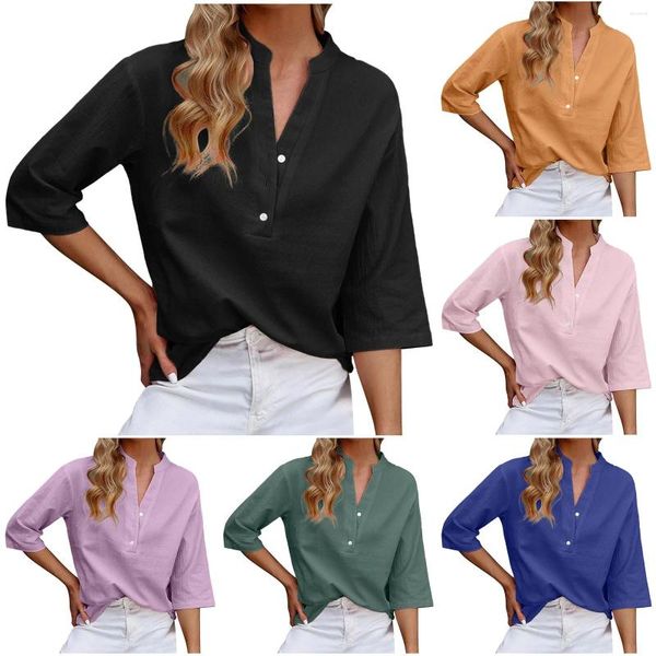 Blusas femininas cor sólida casual botão solto rouy rount shirts tops lisfles halva para mulheres elegantes 2024 tee