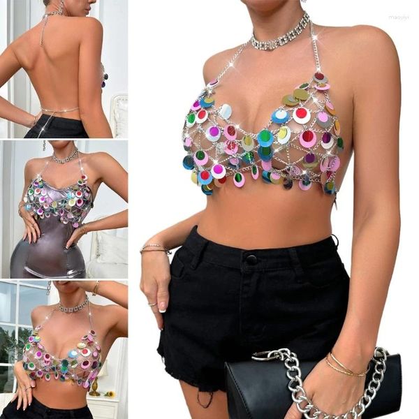 Tank da donna Donne a strati paillettes colorate Halterneck Crop Crop Top sexy Bras di gioielli senza schienale scavato per il festival