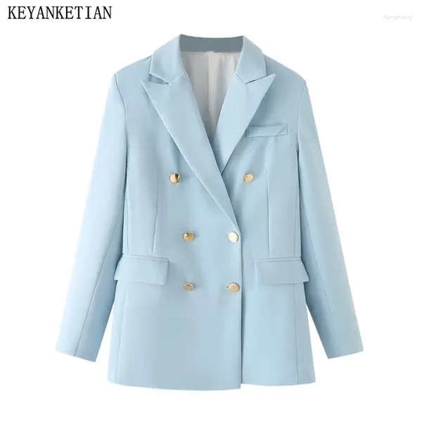 Abiti da donna keyanketian 2024 lancio blu blu casual flatta a doppio petto tasche cucitura cucitura da cucitura ufficio lady lady abbigliamento