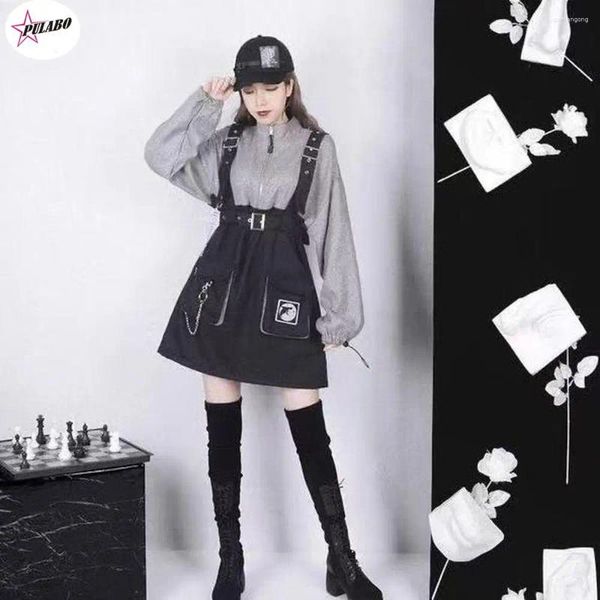 Vestidos casuais Pulabo Mulheres vintage góticas punk lolita na cintura alta colar de manga longa colarinho sexy gry preto garotas mini roupas femininas